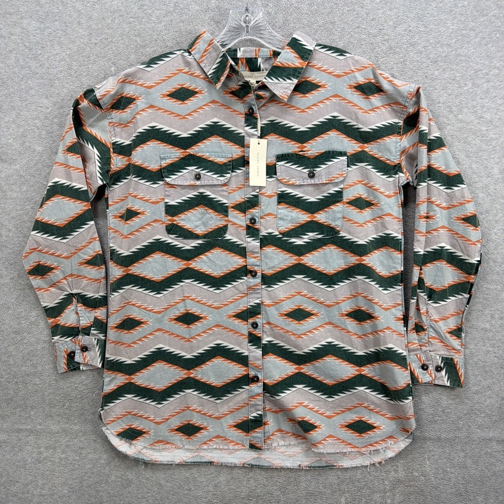 Gilded Intent Womens Small Green Orange Aztec Tribal Boyfriend Raw‎ Hem NEW